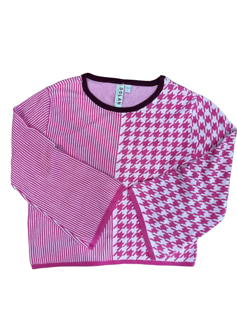Anthropologie Dolan Left Coast Pink Houndstooth Stripe Bell Sleeve Sweater M